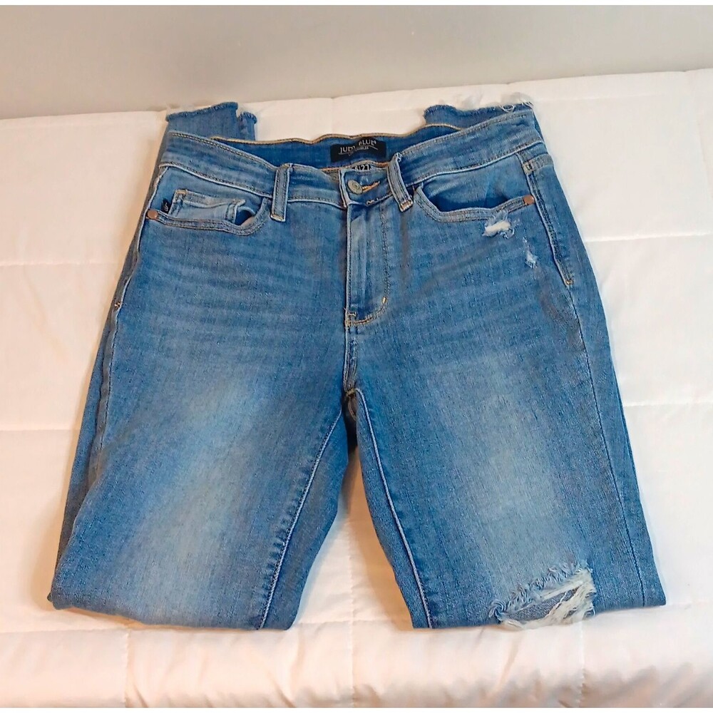 Judy Blue Los Angeles Mid Rise Skinny Jeans Medium Wash Distressed Stretch Sz 27